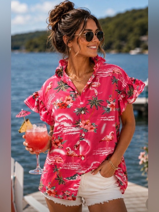 Sister McGuire Tops - ❤️Fabbed Up Pink Hawaiian Shirt with ruffles